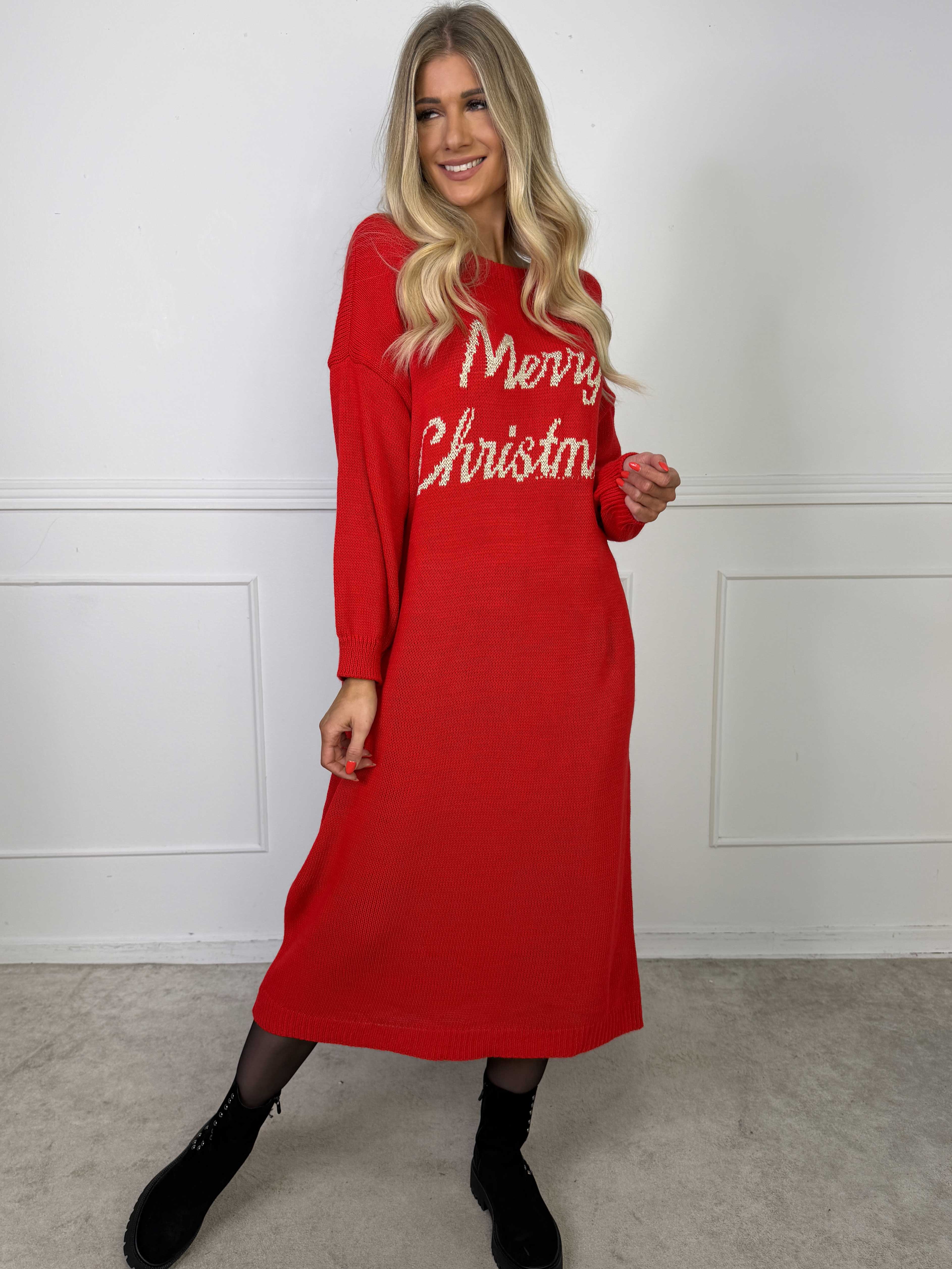 Merry Long - Julestrikkjole med guld skrift